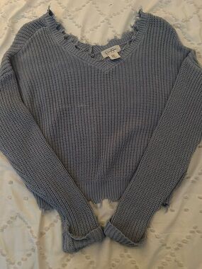 Dusty Blue Distressed V-Neck Waffle Knit Sweater